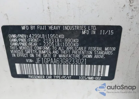 2016 Subaru Impreza 2.0I from USA, damaged, VIN JF1GPAA63G8233021